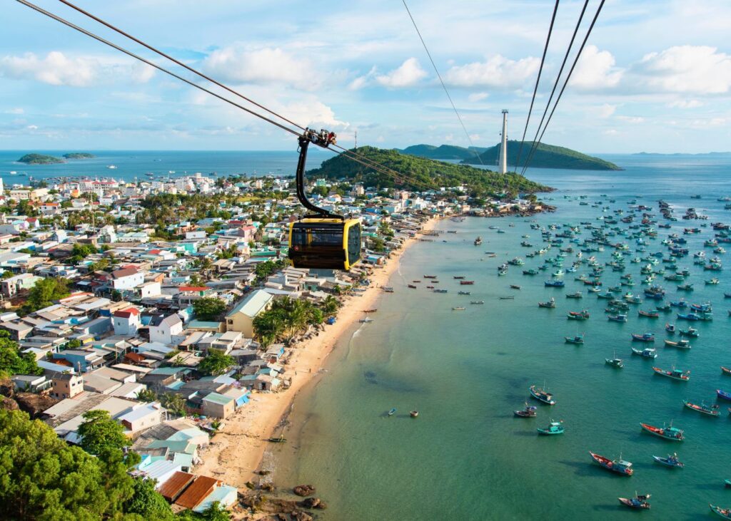 Aerial view from Phu Quoc Cable Car with fishing boats and beach