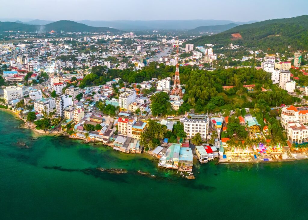 Aerial view of Duong Dong Town with green water