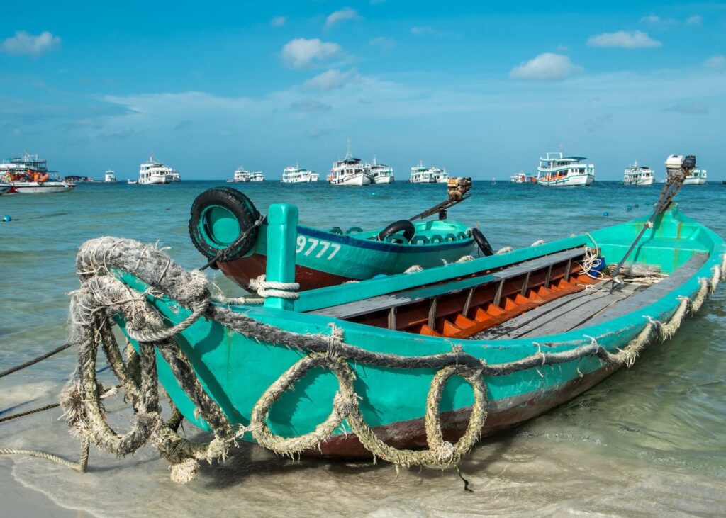 Colorful wooden boats with water taxis in the background