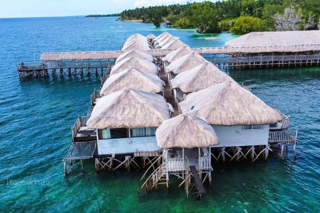 top view of beautiful water cottages and bungalow
