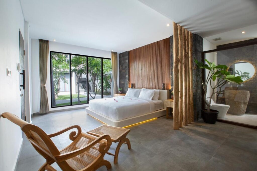 spacious bedroom with intricate interiors