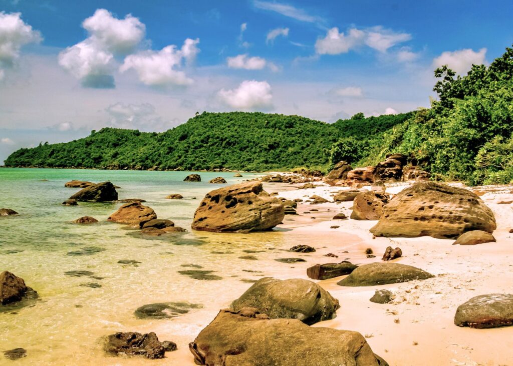 Rocky beach with lush forests on Phu Quoc Island in Vietnam