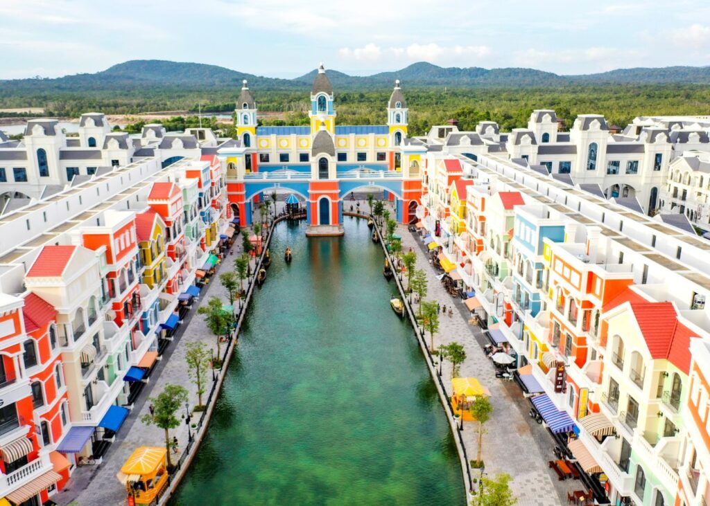 Venice like canal in Grand World Phu Quoc with colorful buildings